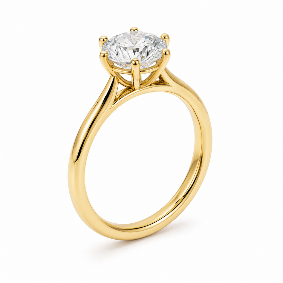 Celestia Round Solitaire lab-grown diamond ring side profile in 18K yellow gold