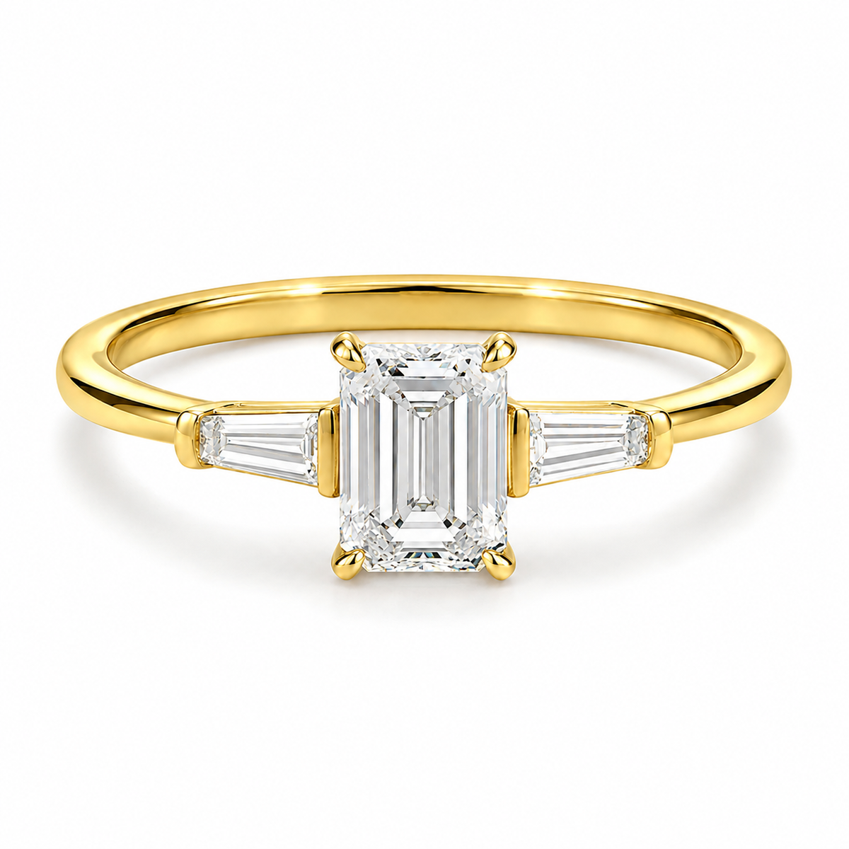 Emerald-Cut Grace three-stone lab-grown diamond ring in polished 18K yellow gold