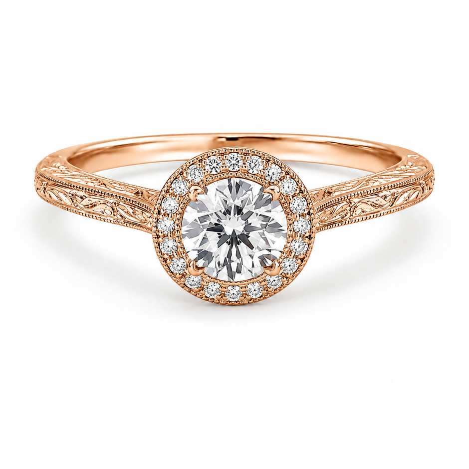 Heritage Round Milgrain Halo lab-grown diamond ring in polished 18K rose gold