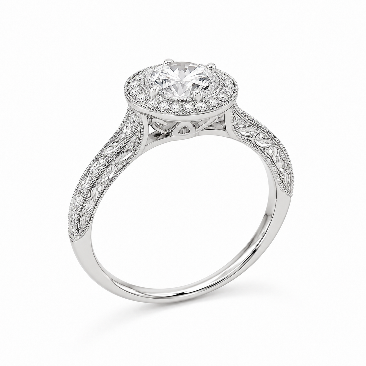 Heritage Round Milgrain Halo lab-grown diamond ring side profile in 18K white gold