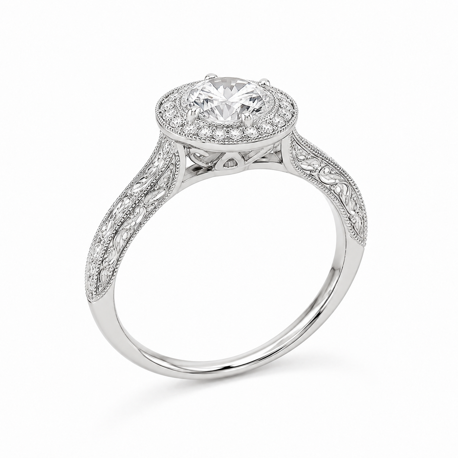 Heritage Round Milgrain Halo lab-grown diamond ring side profile in 18K white gold