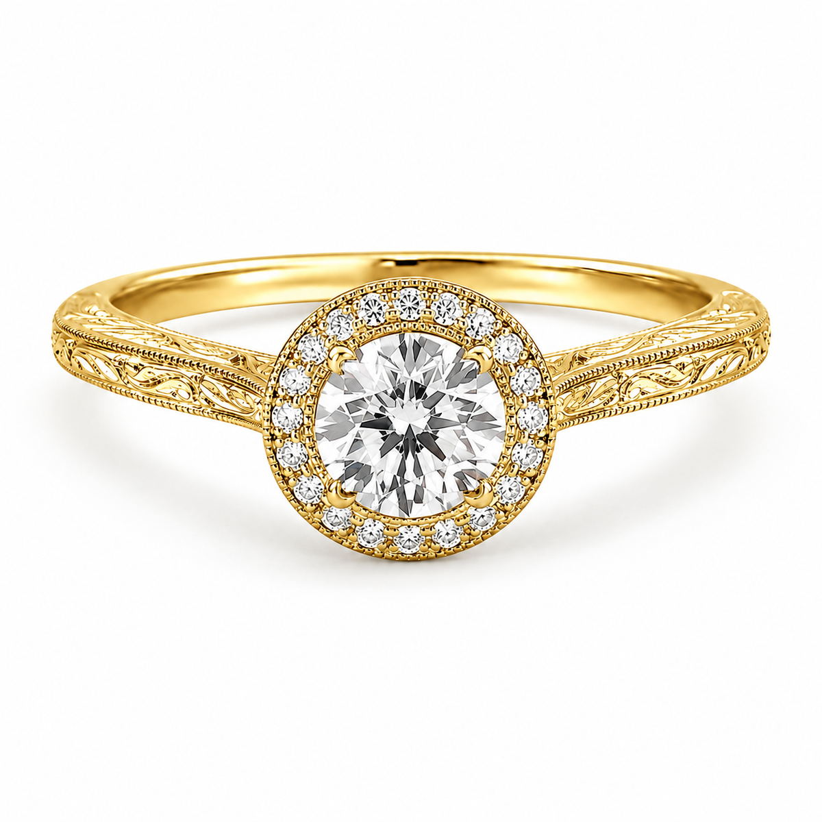 Heritage Round Milgrain Halo lab-grown diamond ring in polished 18K yellow gold