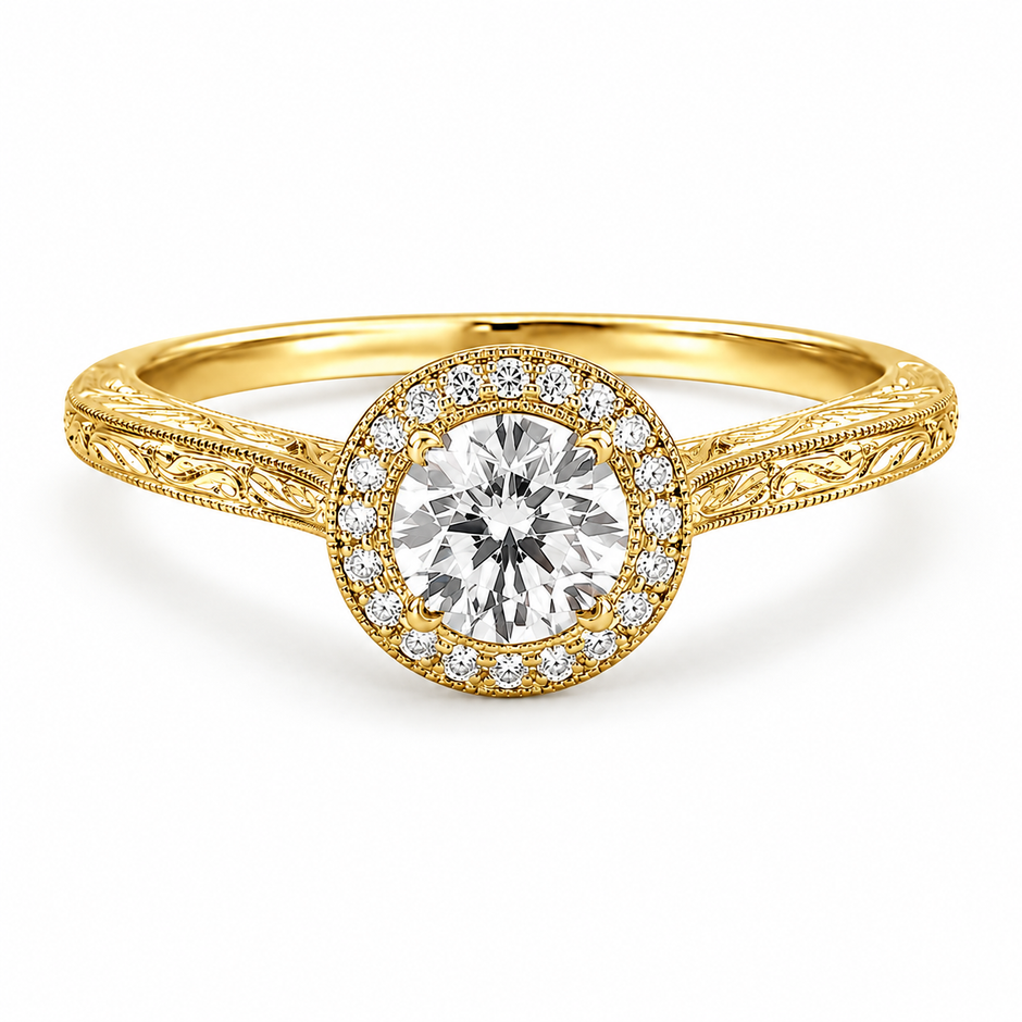 Heritage Round Milgrain Halo lab-grown diamond ring in polished 18K yellow gold