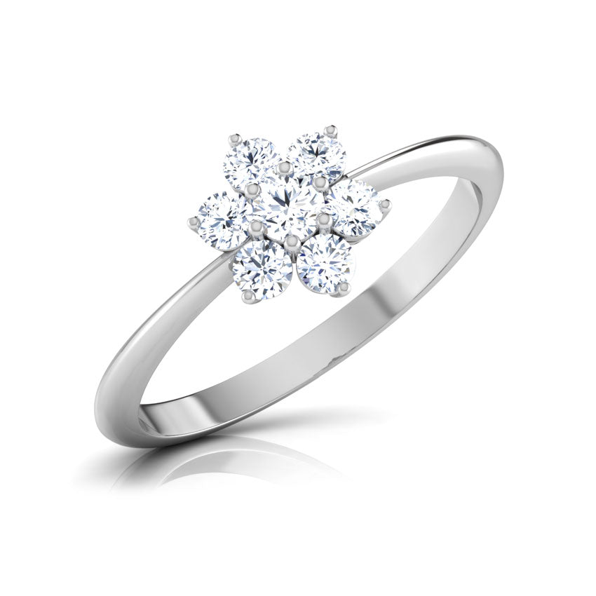 White Gold Engagement Diamond Ring with a diamond flower setting on a white background