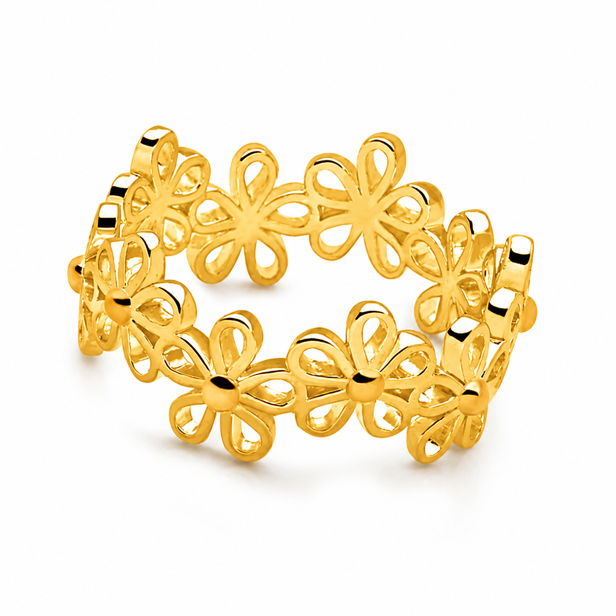 A gold-colored Silver women ring featuring a continuous pattern of stylized flower petals, shown on a clean white background.