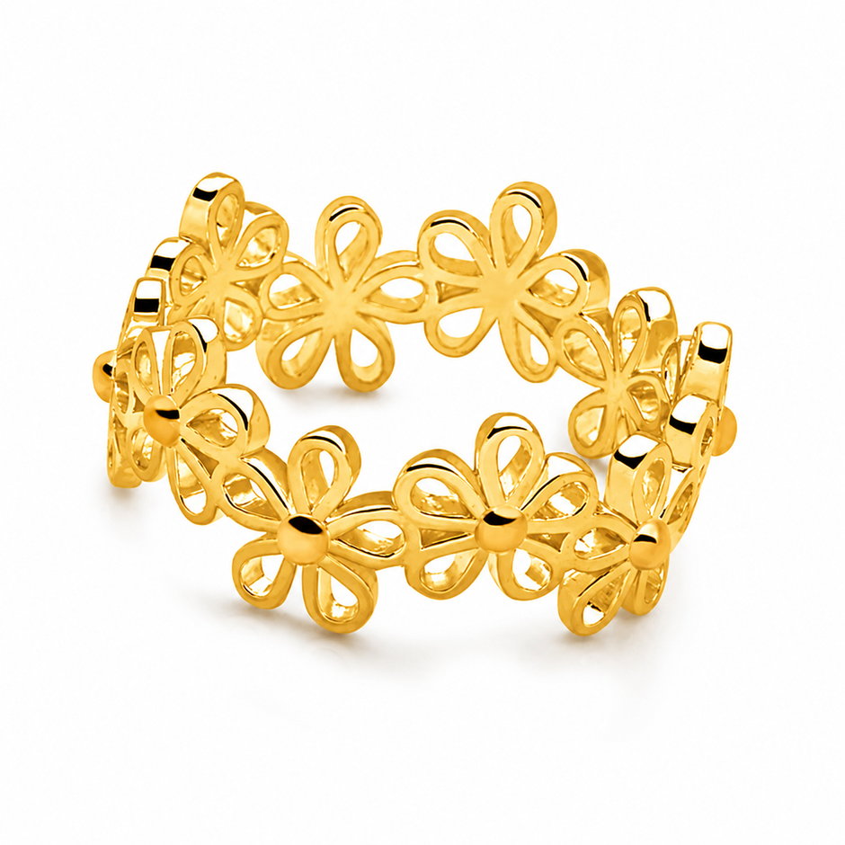 A gold-colored Silver women ring featuring a continuous pattern of stylized flower petals, shown on a clean white background.