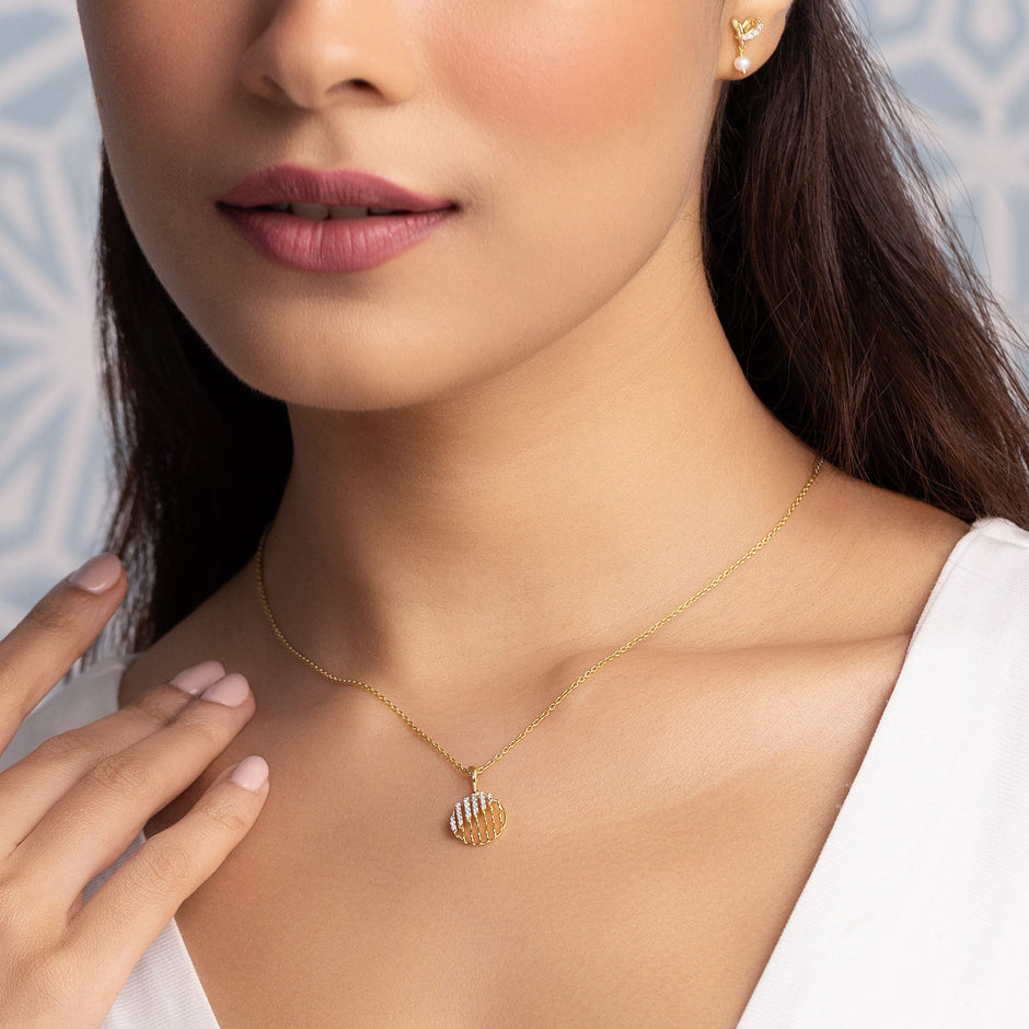 Circular Grid Gold Diamond Pendant