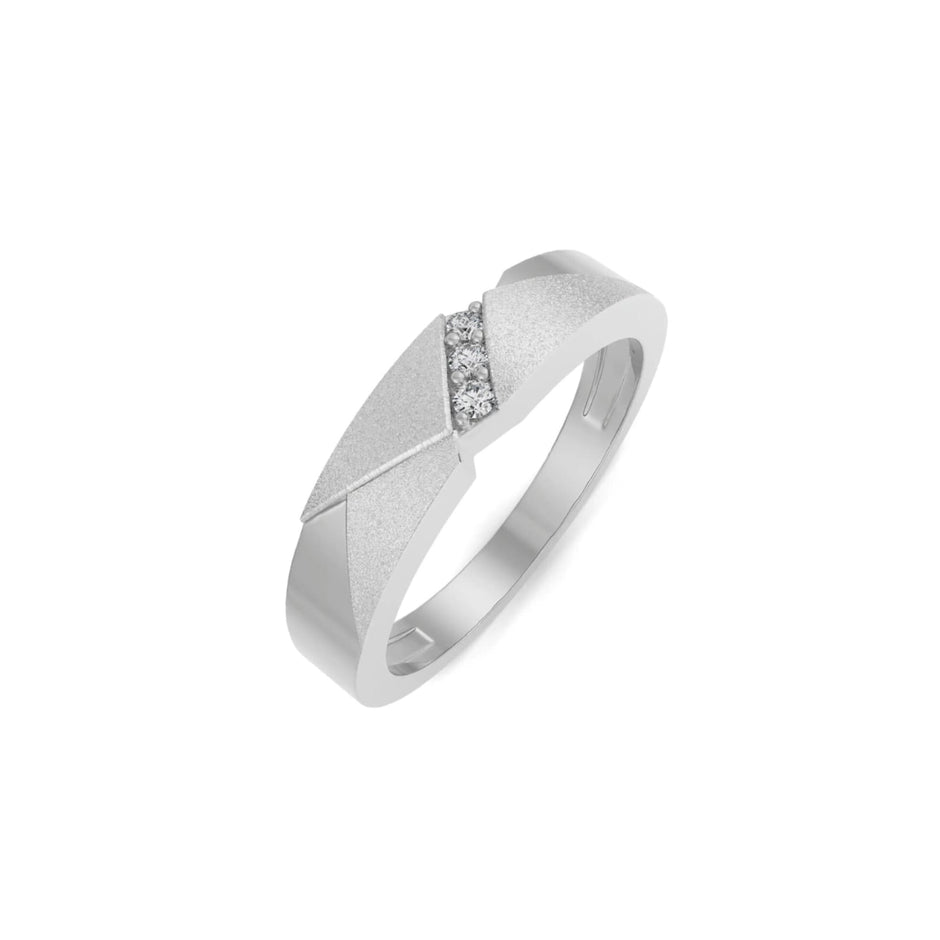 A geometric Men Diamond ring with a textured diamond-cut pattern and a small row of clear stones on the front, shown on a plain white background.