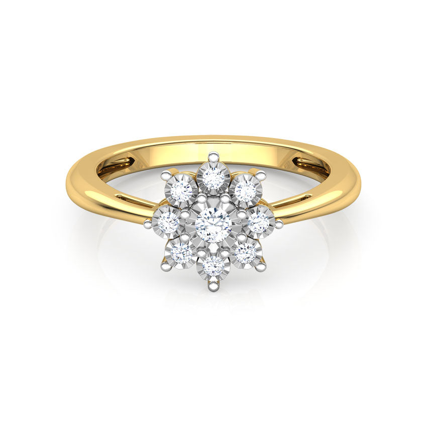 Gold ring with a diamond flower-shaped center on a white background