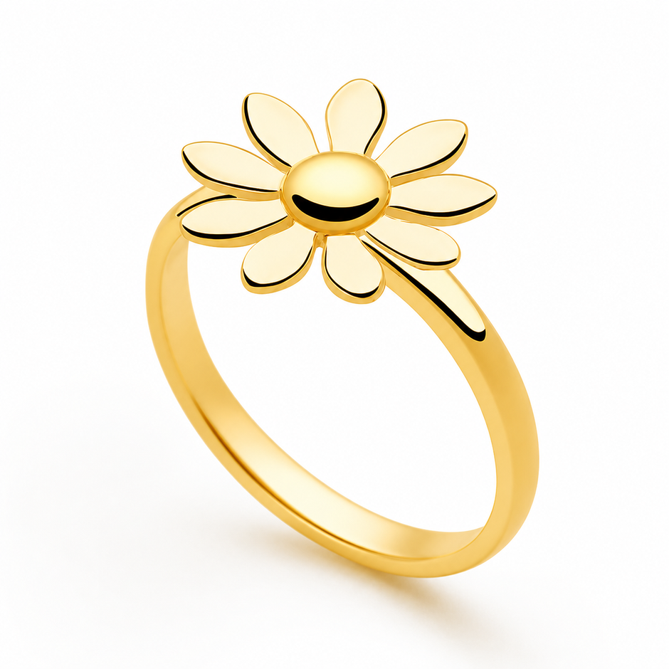 A women Silver ring daisy flower ring with a polished yellow-gold band and a flower head featuring raised petals and a darker gold center, shown on a clean white background.