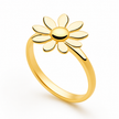 A women Silver ring daisy flower ring with a polished yellow-gold band and a flower head featuring raised petals and a darker gold center, shown on a clean white background.