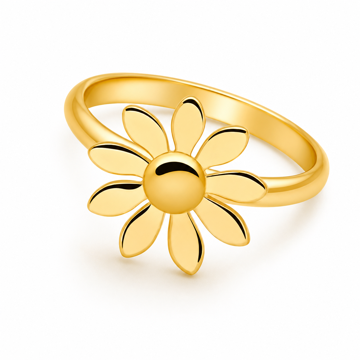 A polished yellow gold women Silver ring shaped like a daisy flower, featuring a smooth central circle surrounded by eight elongated petals on a matching band, set against a clean white background.