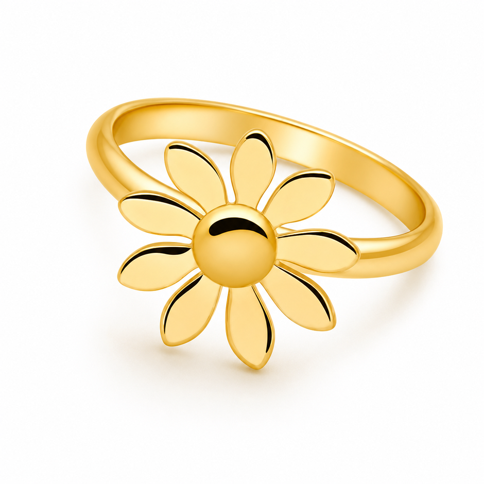 A polished yellow gold women Silver ring shaped like a daisy flower, featuring a smooth central circle surrounded by eight elongated petals on a matching band, set against a clean white background.