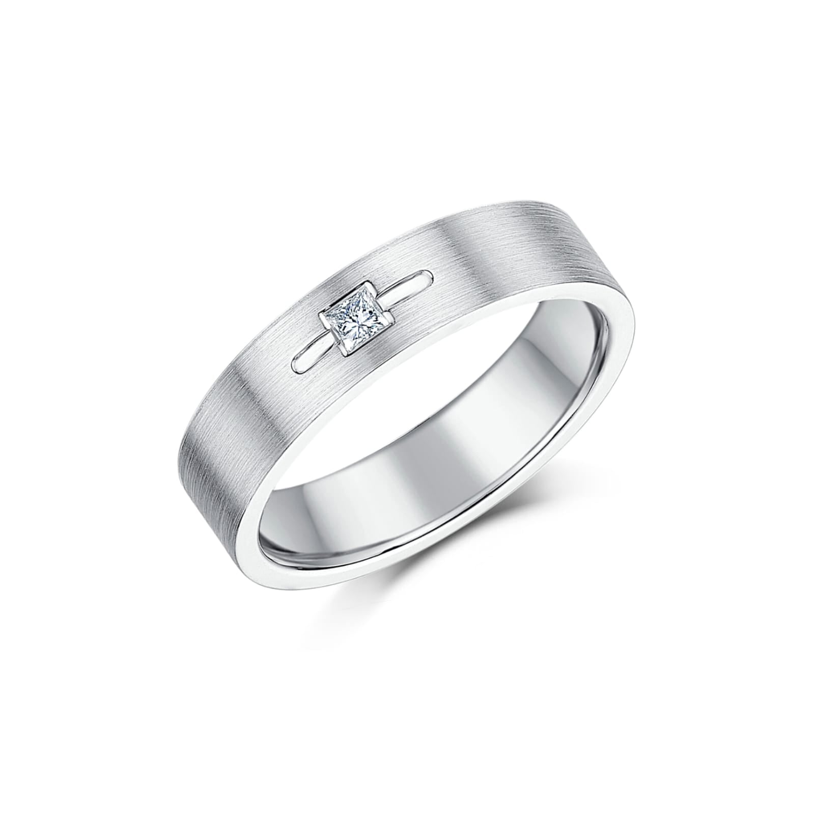 A contemporary white precious metal band featuring a full brushed matte finish and a central square princess-cut stone set over a unique, elongated horizontal recessed slot detail on a white background.