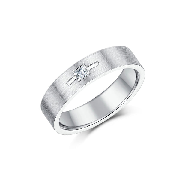 A contemporary white precious metal band featuring a full brushed matte finish and a central square princess-cut stone set over a unique, elongated horizontal recessed slot detail on a white background.