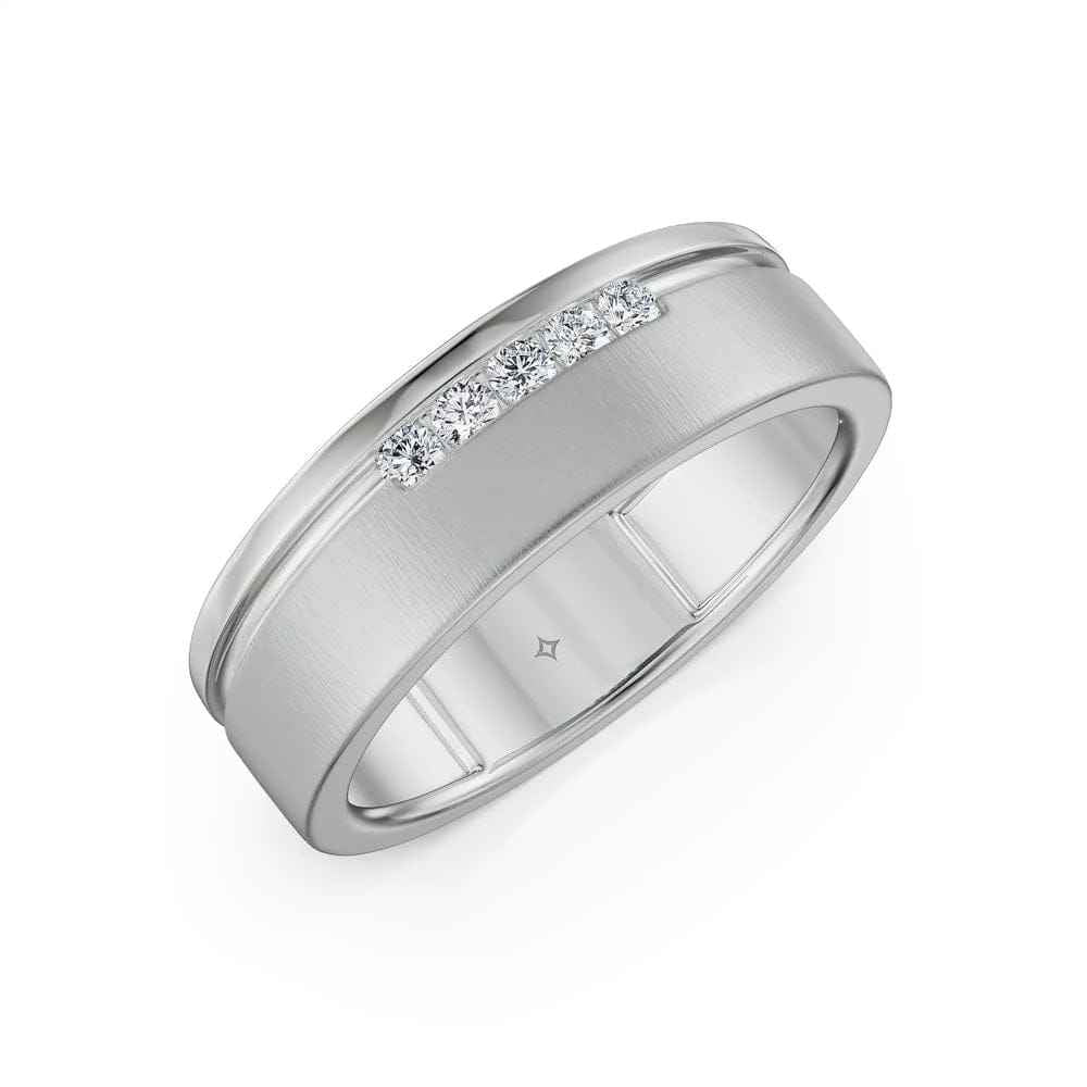 A silver-toned men's diamond ring featuring a channel-set row of small clear stones along the top curve, shown on a clean white background.