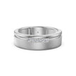 A silver-toned men's diamond ring with a brushed finish, a polished beveled edge, and a small channel-set row of clear stones on the front, shown on a white background.