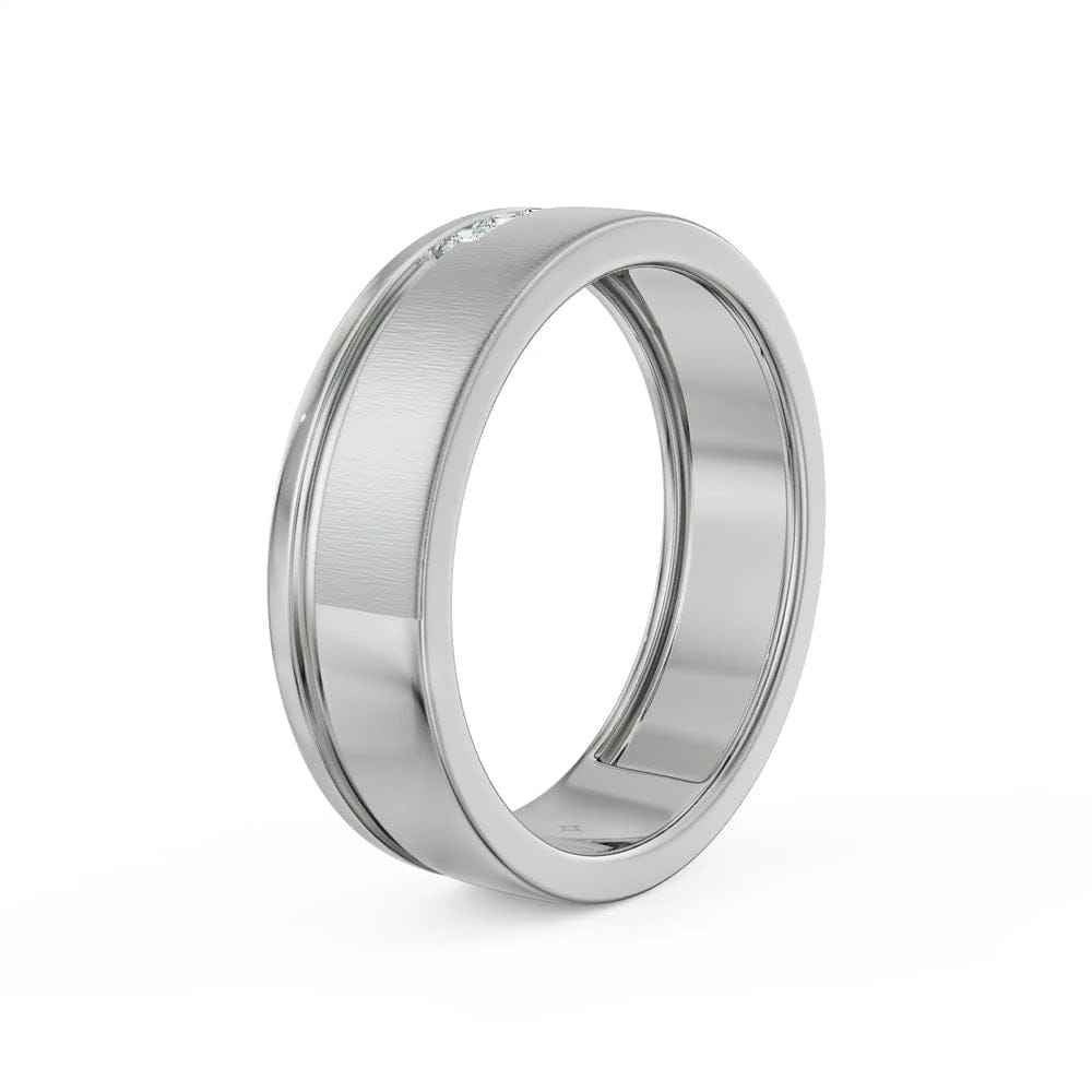 A silver-toned metal band ring with a brushed center and polished beveled edges, shown on a clean white background.