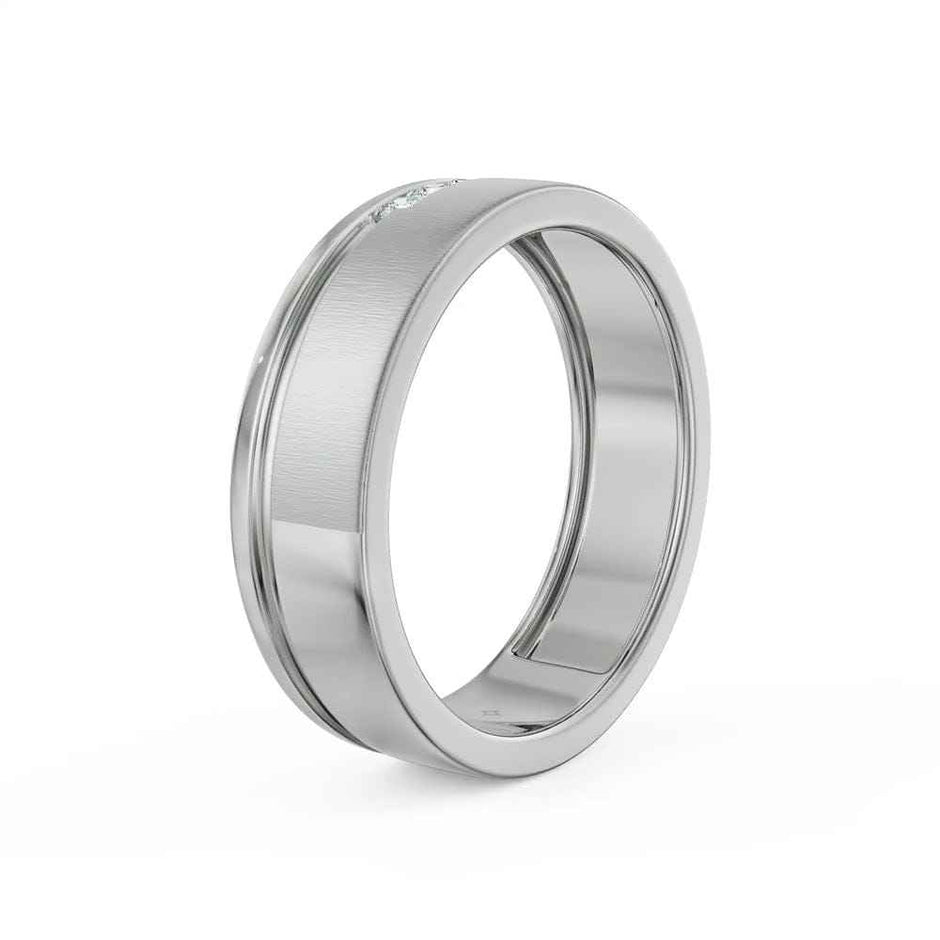 A silver-toned metal band ring with a brushed center and polished beveled edges, shown on a clean white background.