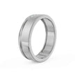A silver-toned metal band ring with a brushed center and polished beveled edges, shown on a clean white background.