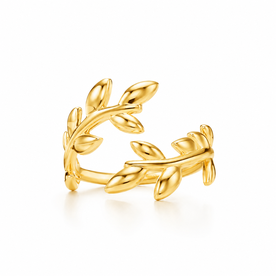 A gold Plated women silver ring leaf wreath open ring, shown on a clean white background with a soft reflection underneath.