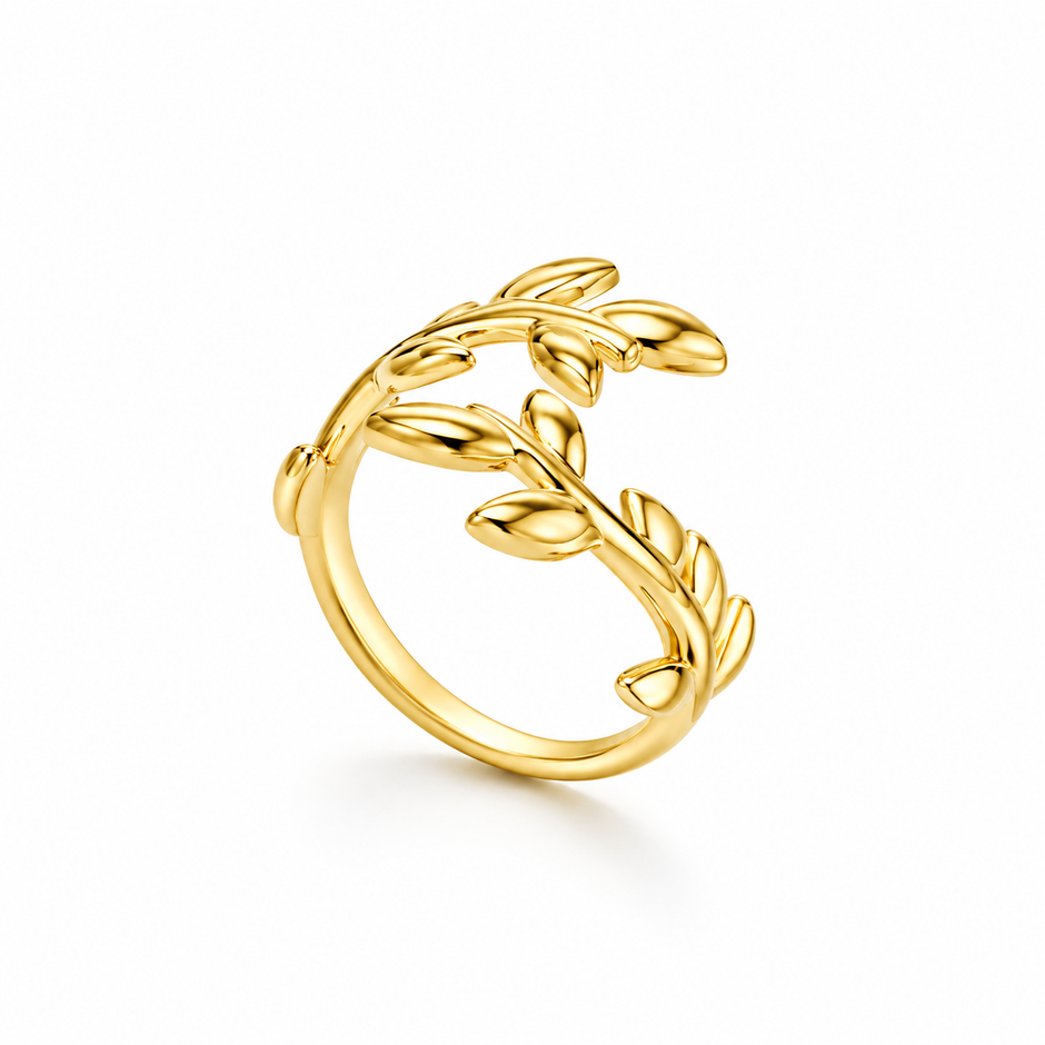 A gold Plated Silver women ring wrap ring designed in the shape of a leafy vine branch, shown on a clean white background.