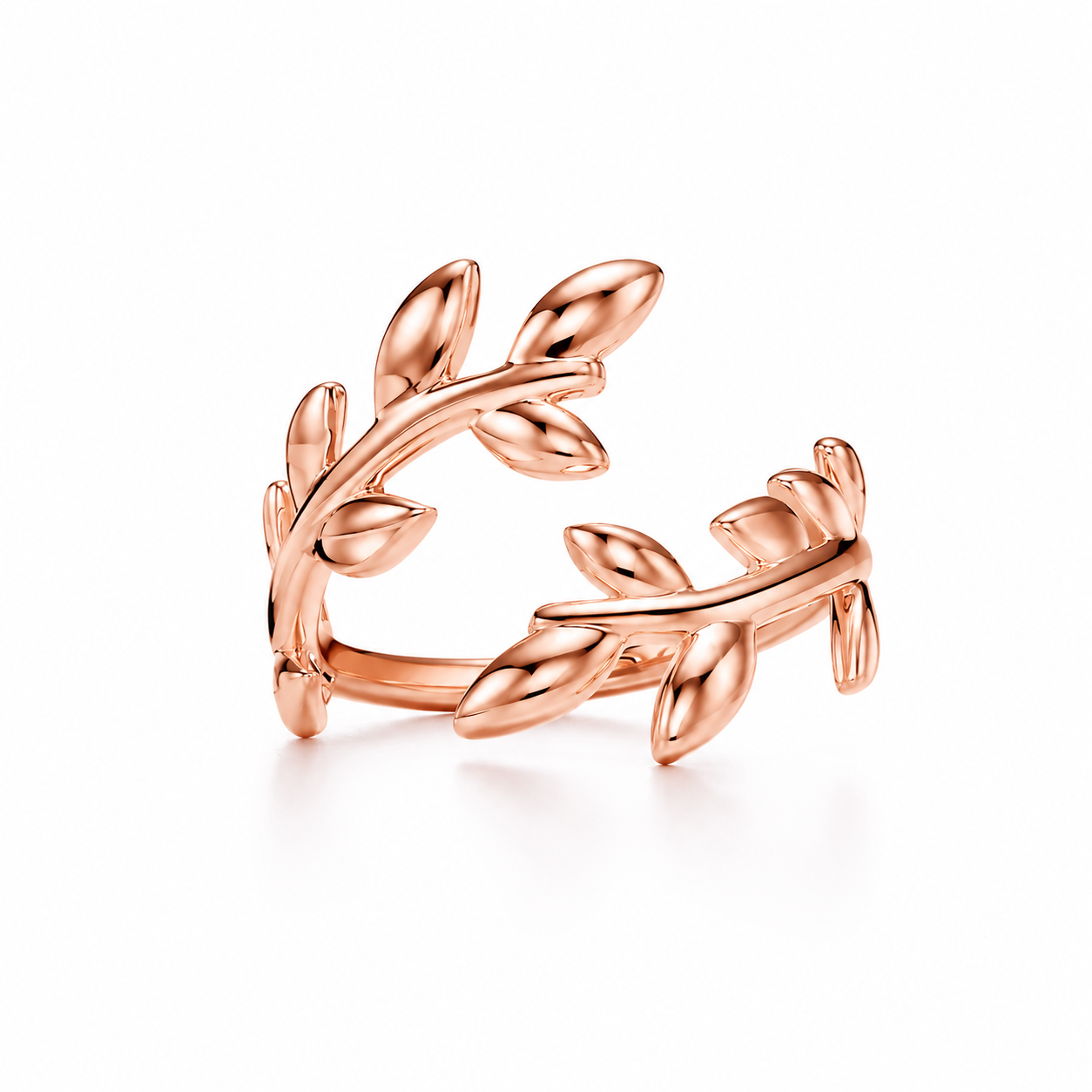 A rose gold Plated leaf-shaped open women silver ring, shown on a clean white background with a soft reflection underneath.