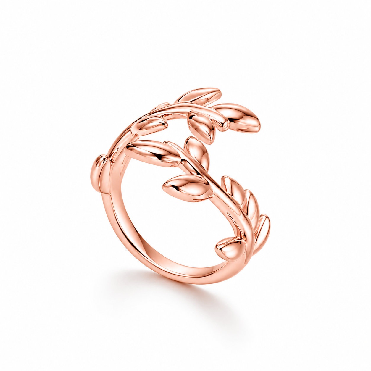 A rose gold Plated  open wrap women silver ring designed in the shape of a leafy vine branch, shown on a clean white background with a soft shadow.