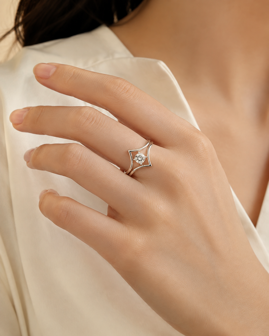 Abeer Double-V Zircon Women Silver Ring worn on a woman's hand, white 925 sterling silver lifestyle view