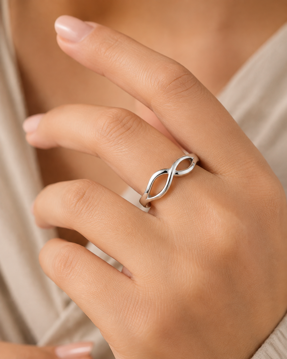 Amal Minimal Wave Women Silver Ring worn on a woman's hand, white 925 sterling silver lifestyle view