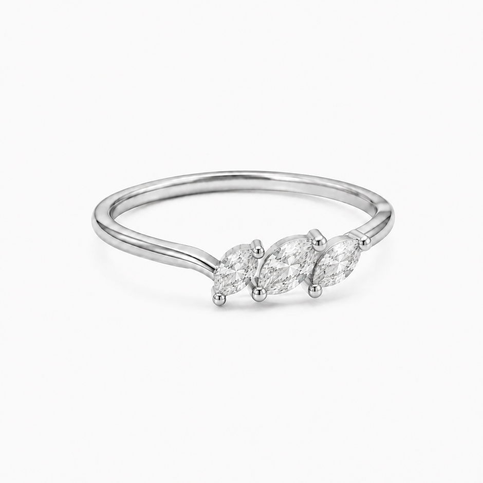 Aster Three-Stone Marquise Zircon Leaf Gold Ring for women in Pakistan, white gold side profile view