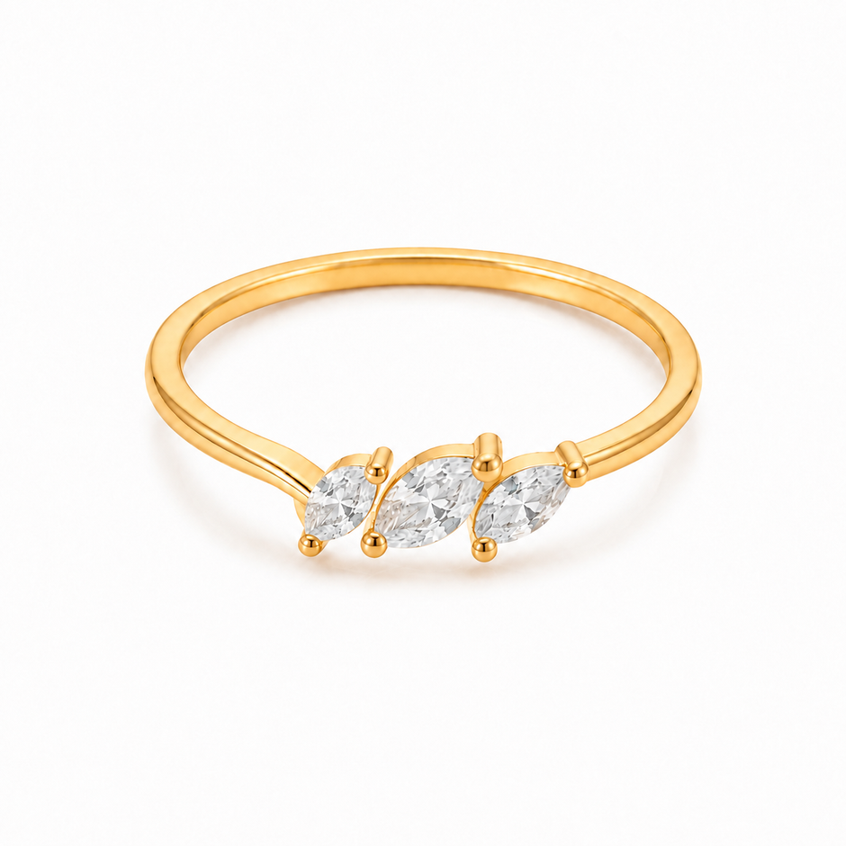 Aster Three-Stone Marquise Zircon Leaf Gold Ring for women in Pakistan, yellow gold top view