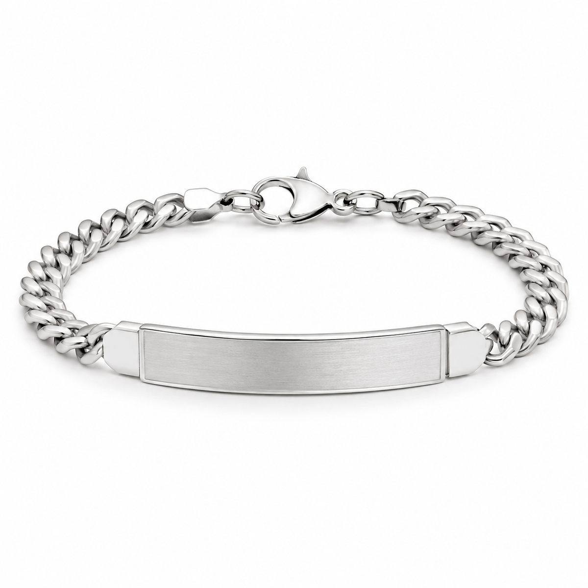 Atlas Brushed ID men's 925 silver bracelet in white silver finish, front studio view