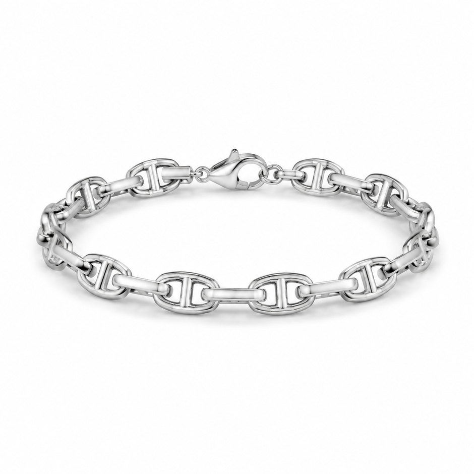 Ayaan Anchor-Link men's 925 silver bracelet in white silver finish, front studio view