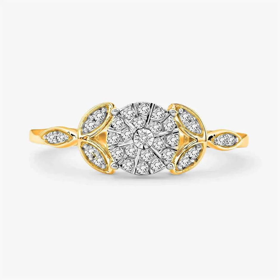 Cluster Leaf ladies gold diamond ring in yellow gold, straight front view