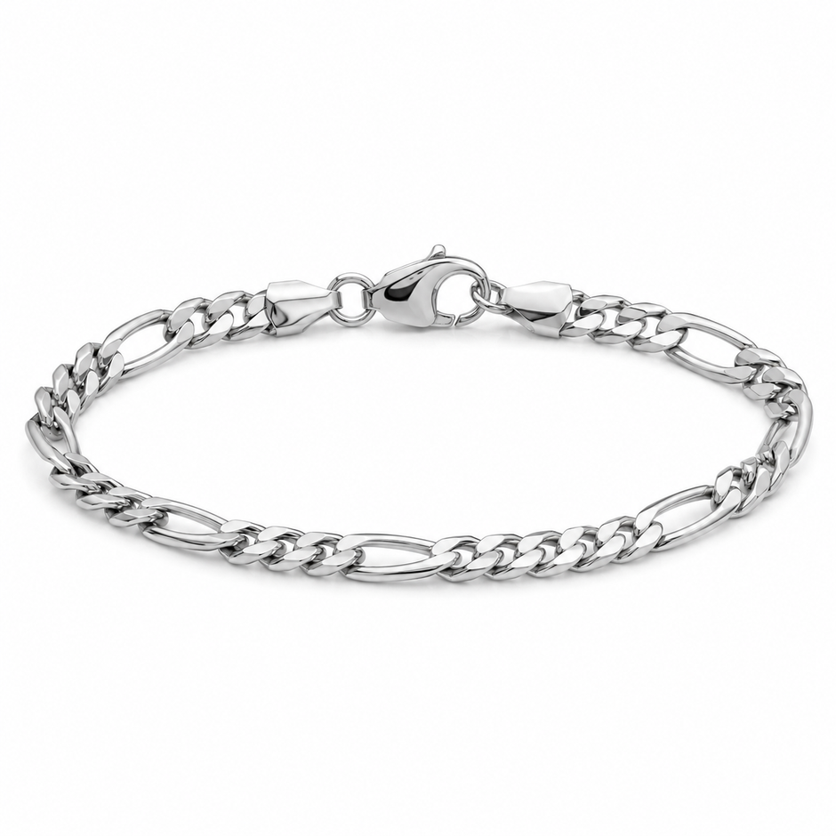 Dara Figaro men's 925 silver bracelet in white silver finish, front studio view