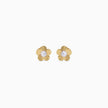 A pair of gold flower stud earrings with a white pearl at the center, displayed on a clean white background.