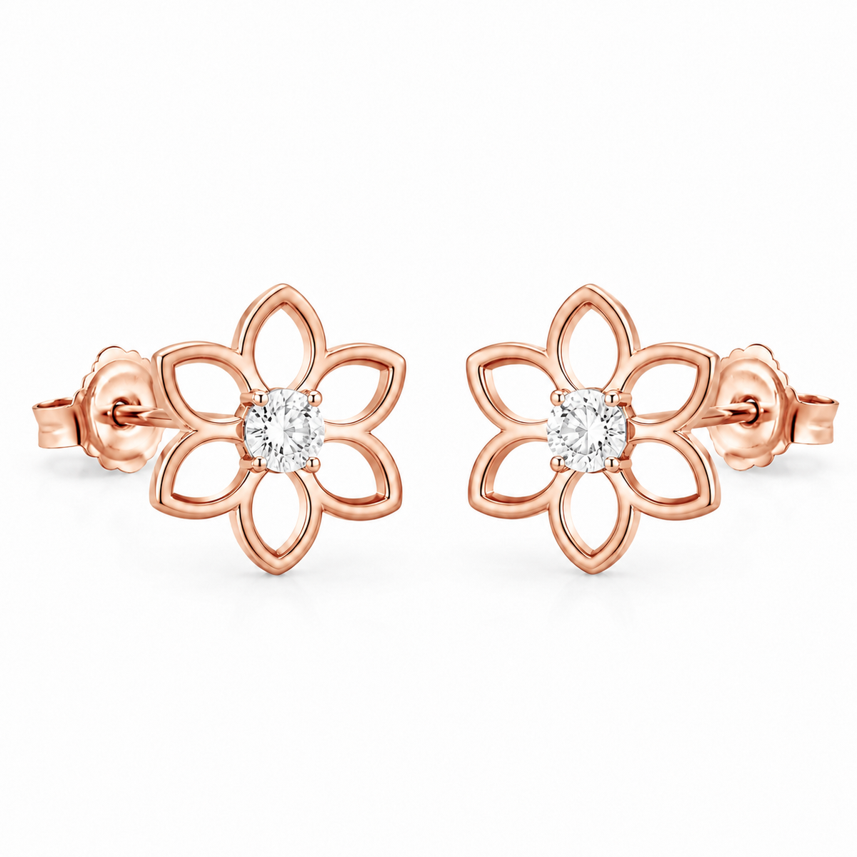 Gul Rosette Floral Silver Stud Earrings in rose finish 925 sterling silver, matching pair studio view