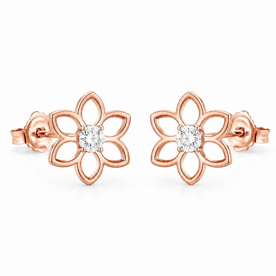 Gul Rosette Floral Silver Stud Earrings in rose finish 925 sterling silver, matching pair studio view