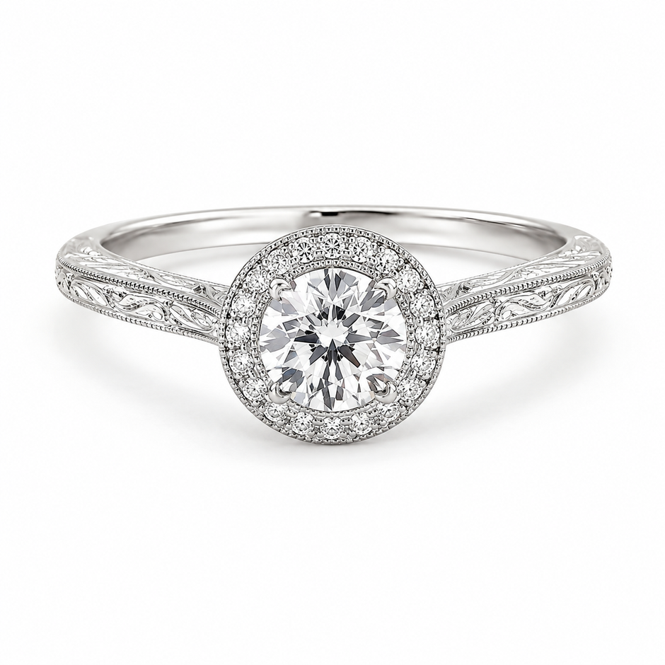 Heritage round lab-grown diamond milgrain halo ring with engraved 18K white gold band
