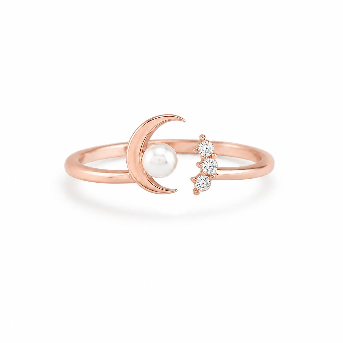 Hira Crescent Pearl and Zircon Gold Ring for women in Pakistan, rose gold front three-quarter view