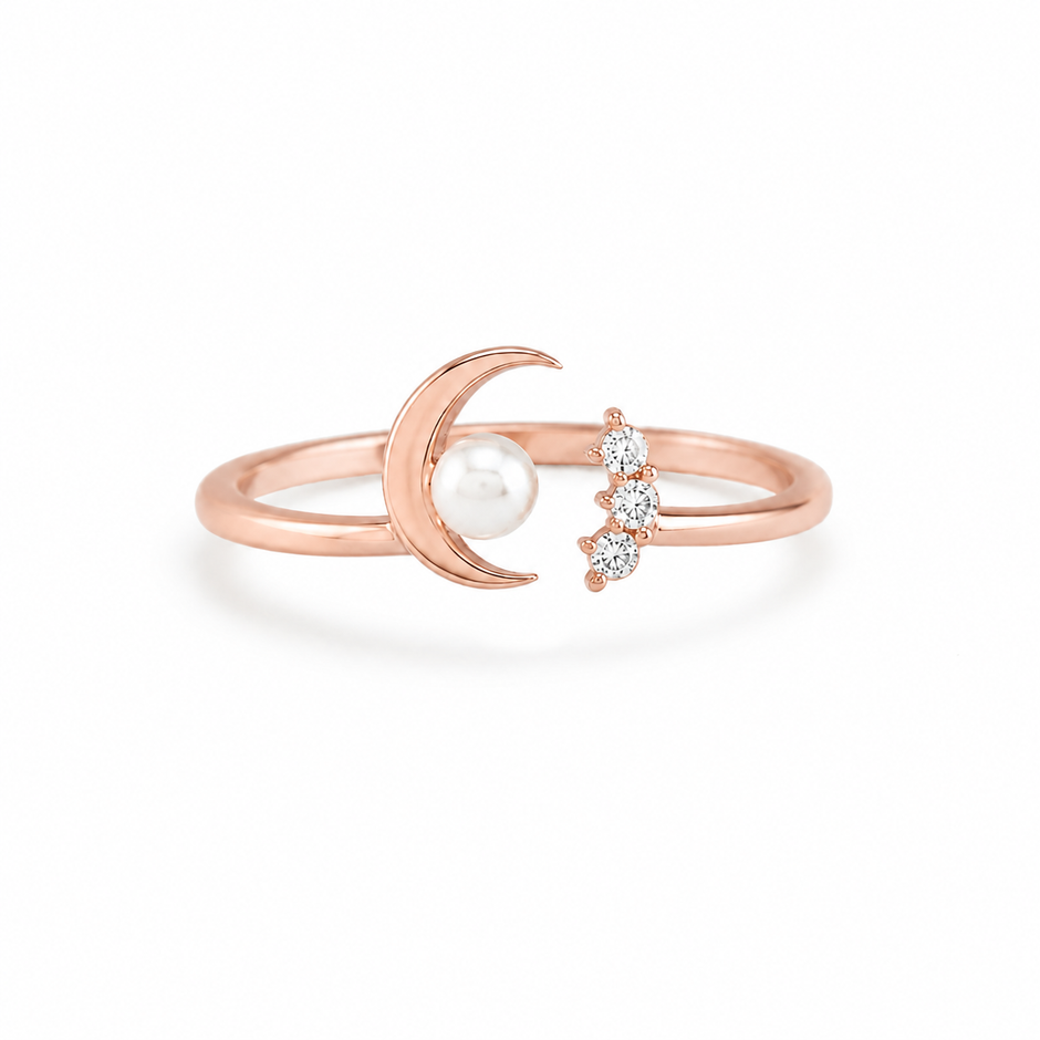 Hira Crescent Pearl and Zircon Gold Ring for women in Pakistan, rose gold front three-quarter view