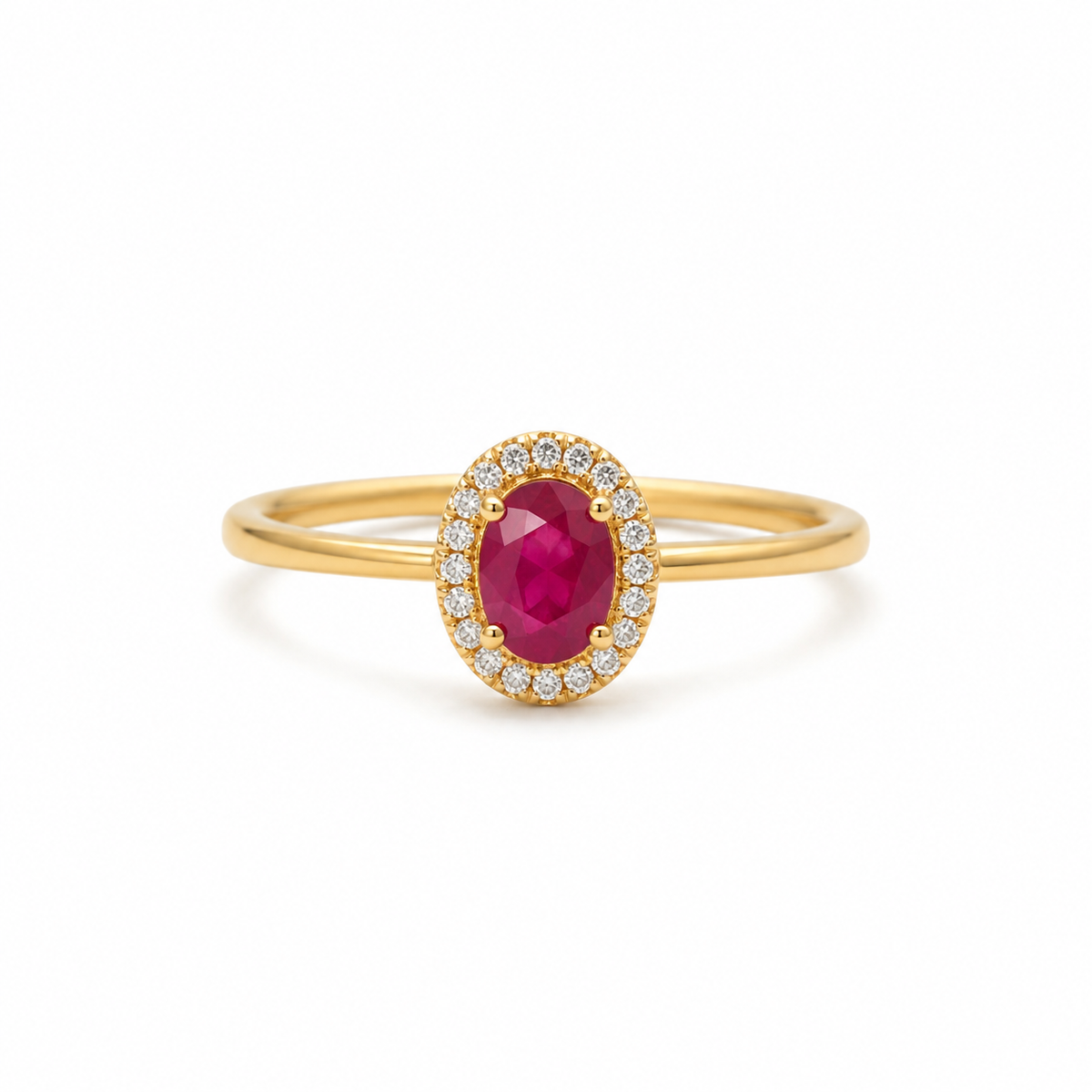Meher Oval Ruby-Colour Ladies Gold Ring for women in Pakistan, yellow gold front three-quarter view