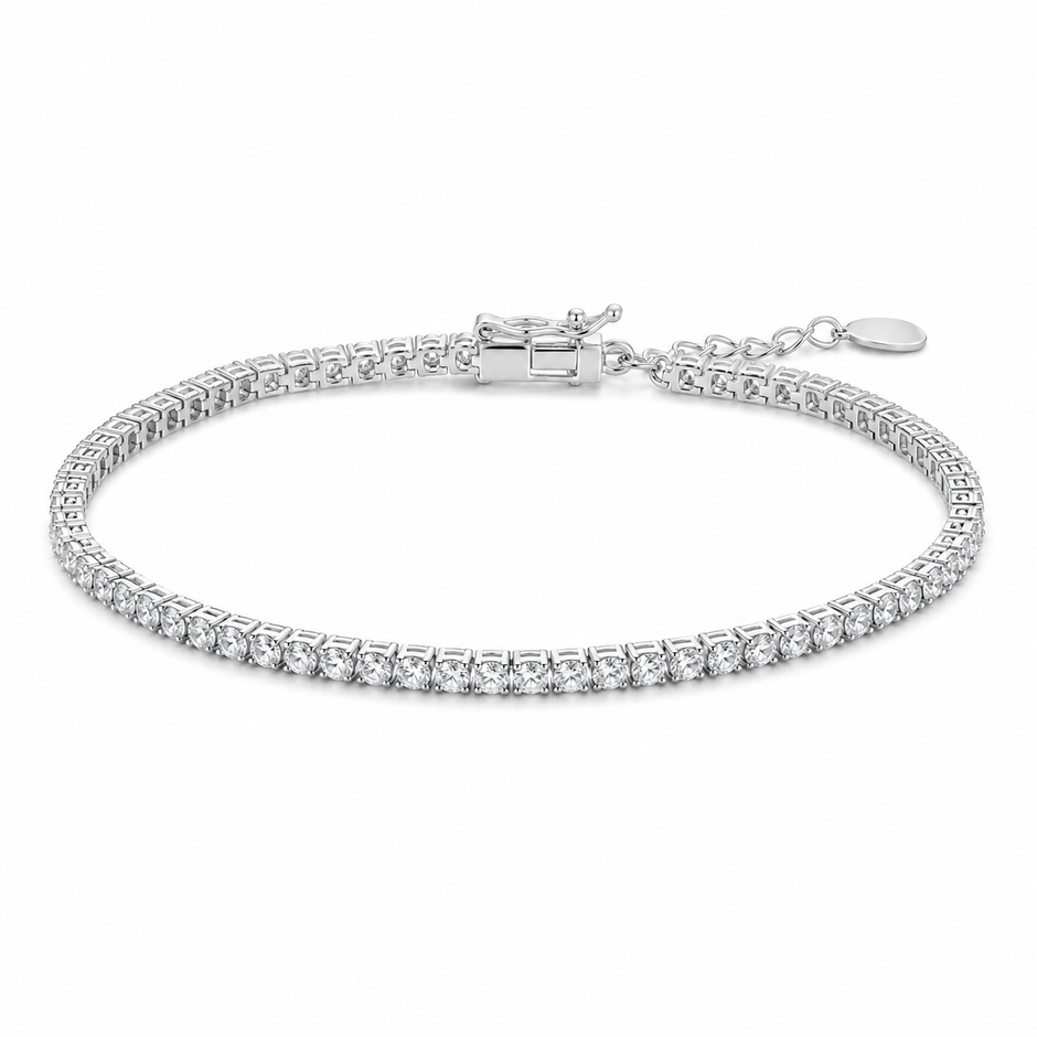 Meher Tennis Line Women Silver Bracelet in 925 sterling silver, white finish complete catalog view