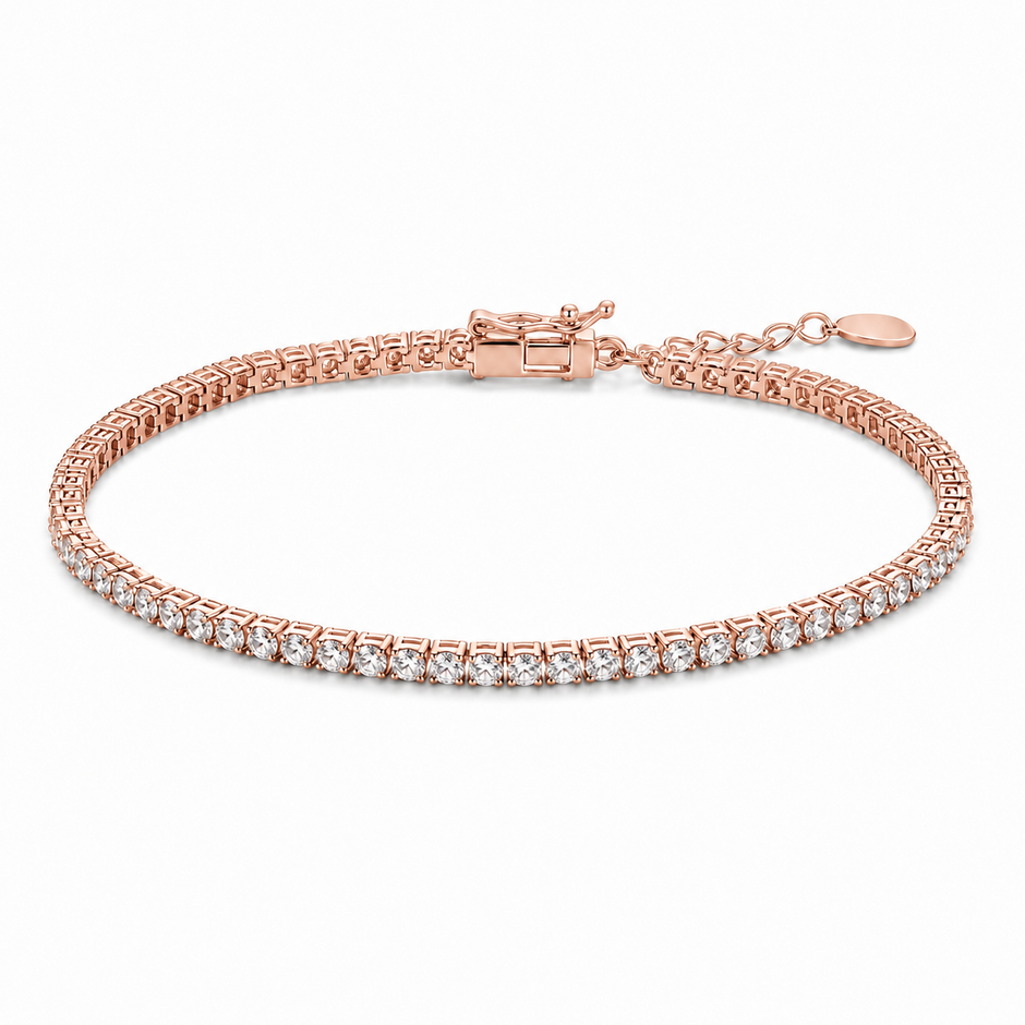 Meher Tennis Line Women Silver Bracelet in rose finish 925 sterling silver, complete studio catalog view