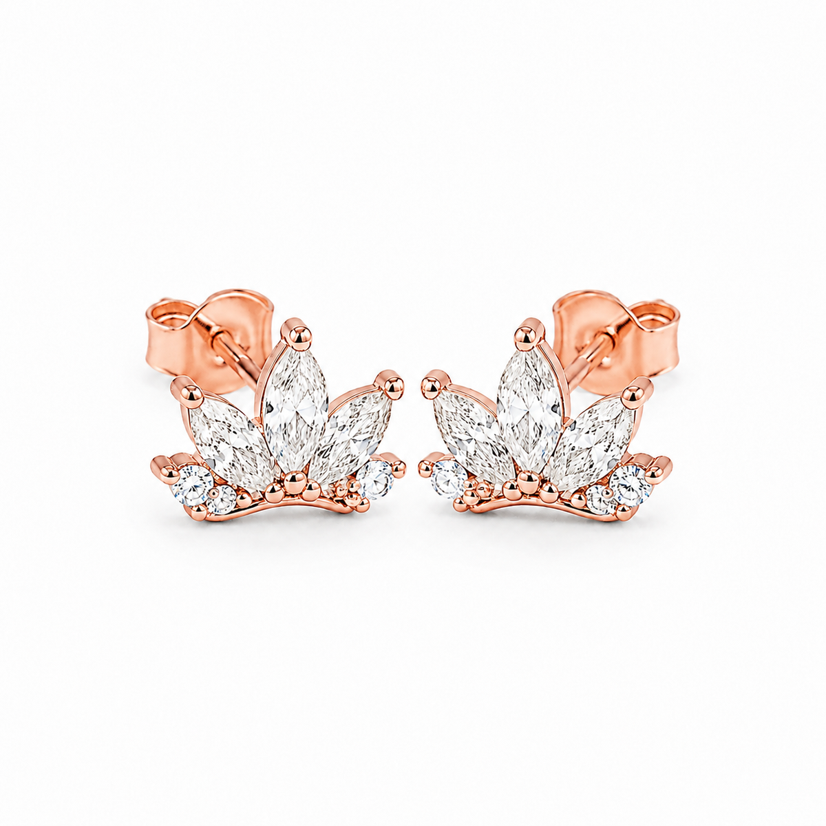 Noor Crown Zircon Silver Stud Earrings in rose finish 925 sterling silver, matching pair studio view