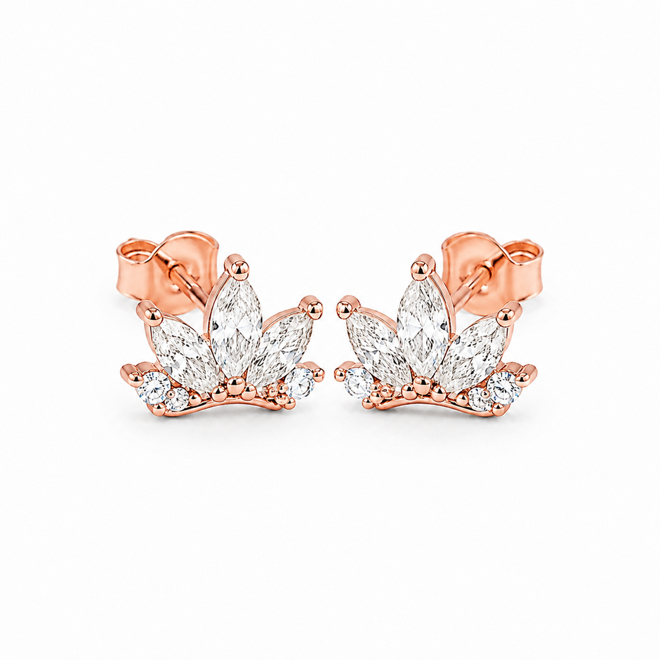 Noor Crown Zircon Silver Stud Earrings in rose finish 925 sterling silver, matching pair studio view