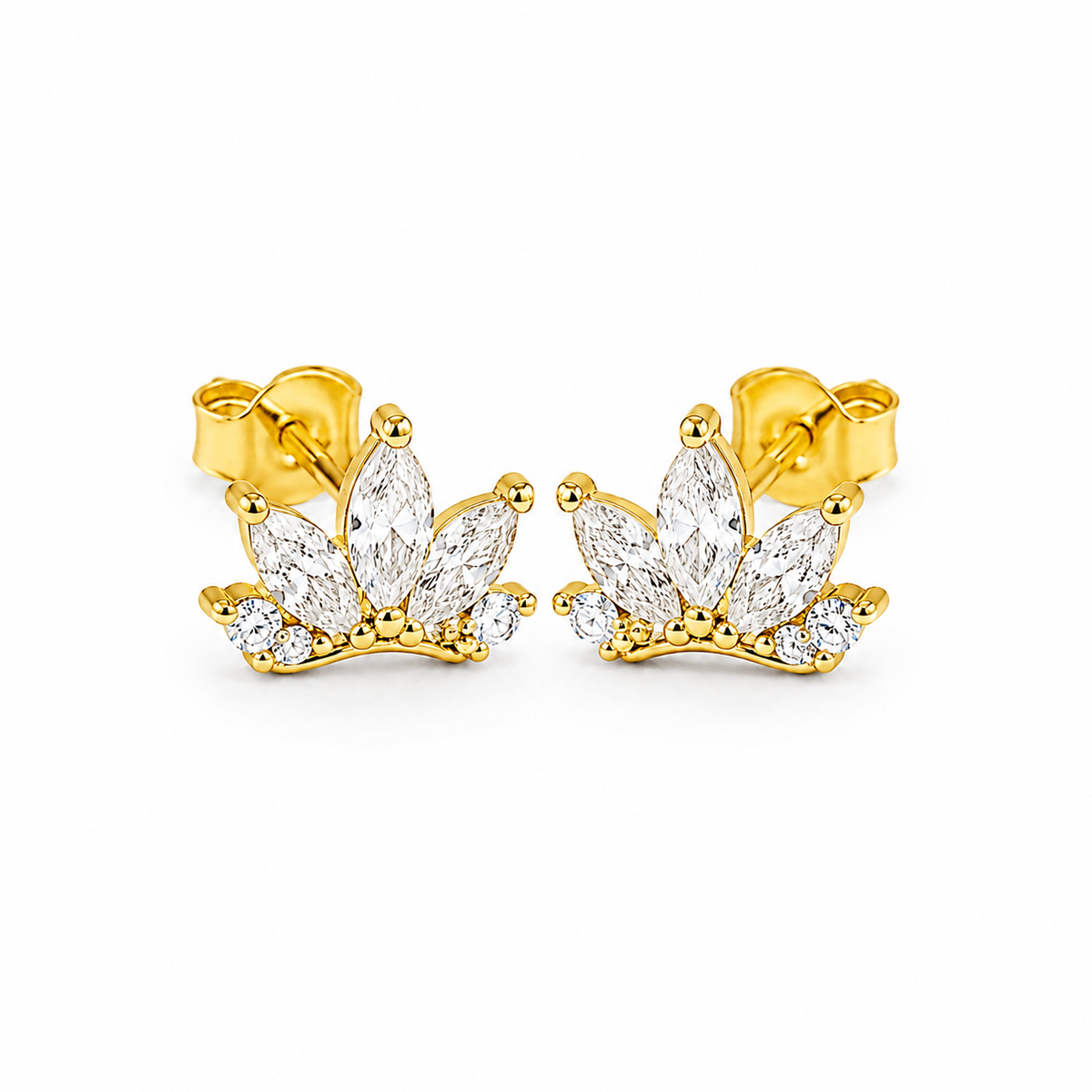 Noor Crown Zircon Silver Stud Earrings in yellow finish 925 sterling silver, matching pair studio view