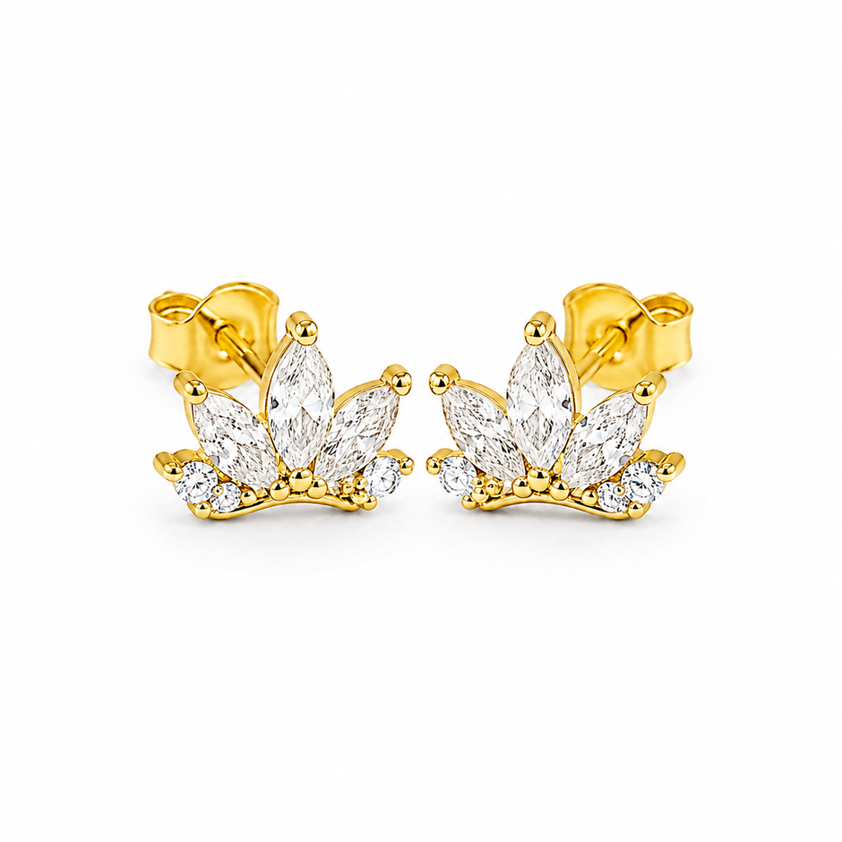 Noor Crown Zircon Silver Stud Earrings in yellow finish 925 sterling silver, matching pair studio view