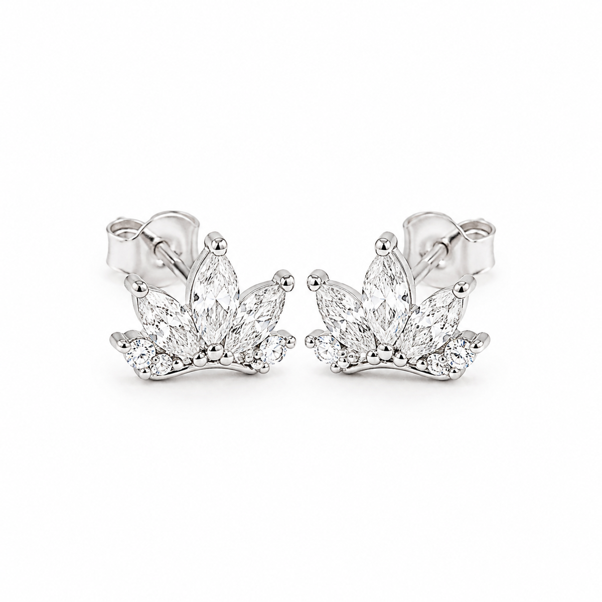 Noor Crown Zircon Silver Stud Earrings for women in Pakistan, white 925 sterling silver catalog view